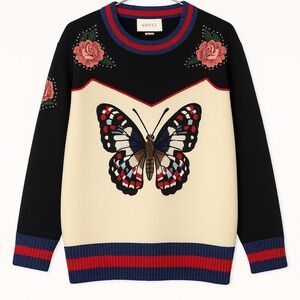 Gucci Women's Black and Cream Sweater with Butterfly Embroidery XL